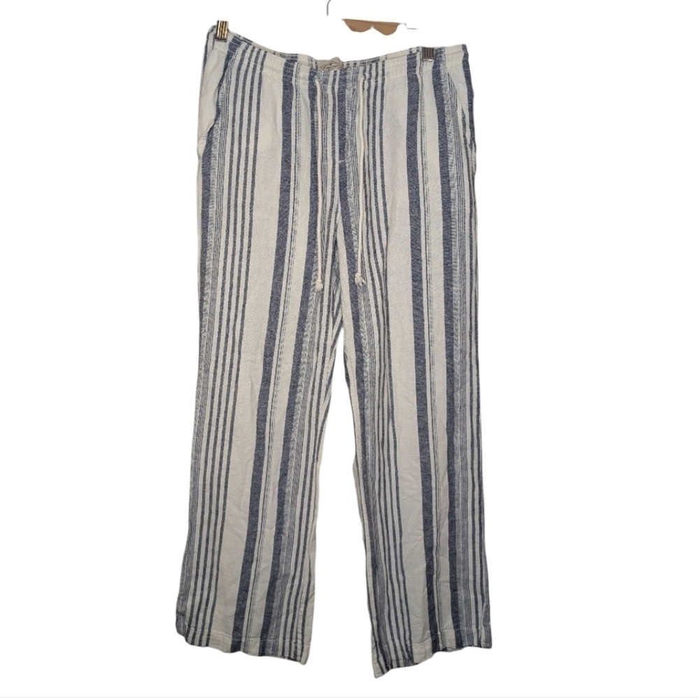 St.Johns Bay Blue White Striped Linen Blend Straight Leg Tie Waist Pants Medium